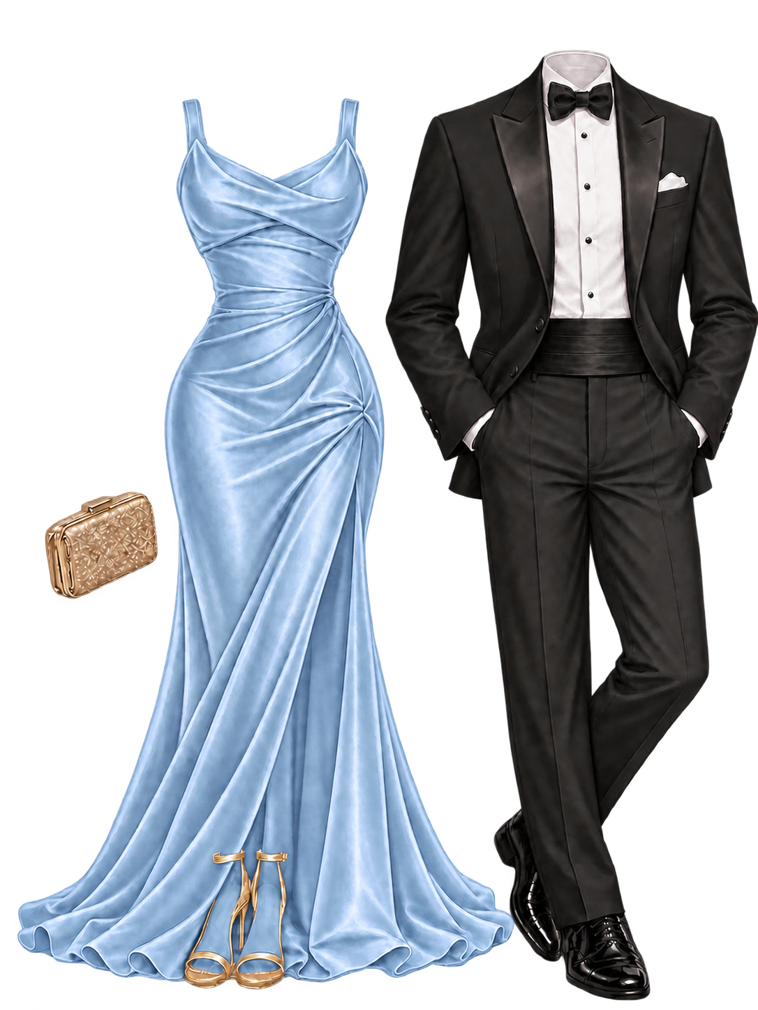 Formal lilac evening gown paired with black tuxedo