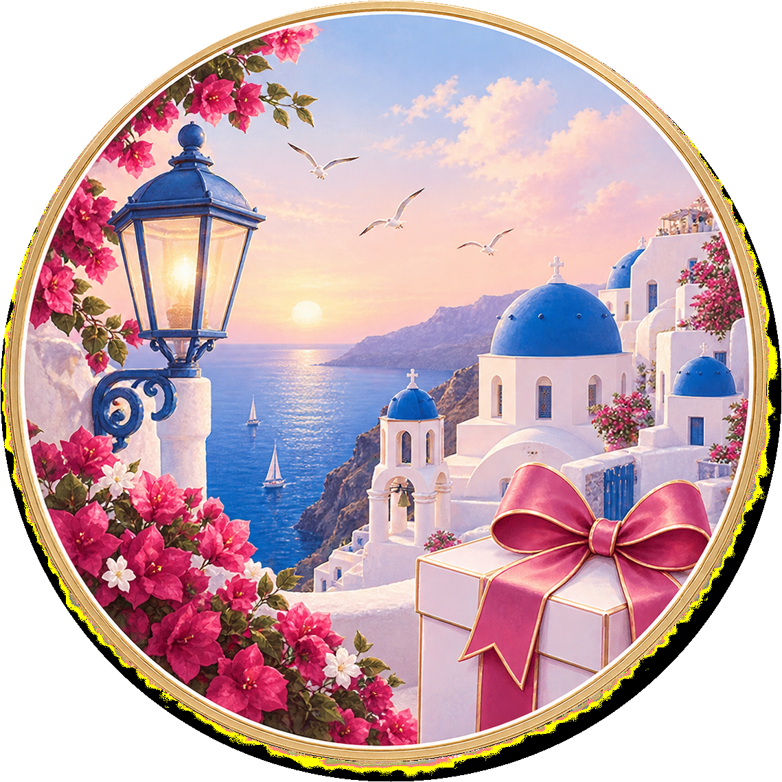 Santorini scene with gift box